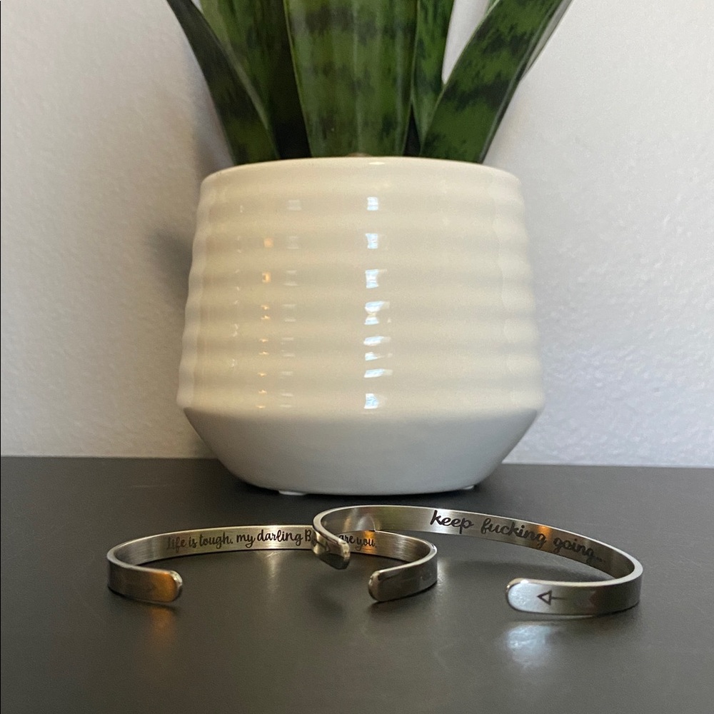 Hidden Encouragement Cuff Bracelets (Set of 2) Silver Tone- Adjustable
